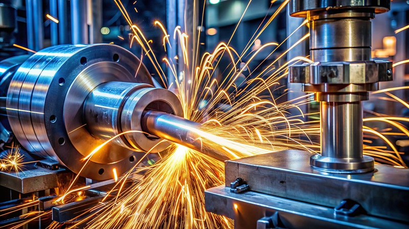 hochmoderne Bearbeitungsmaschinen erwachen zum Leben und fertigen praezise komplexe Metalllegierungen mit filigranen Details, Funken spruehen, vor dem Hintergrund industrieller Rohrleitungen und Schlaeuche.