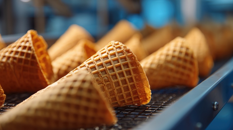 Frisch gebackene, knusprige Waffeleistueten bewegen sich auf einem Foerderband in einer Fabrik.