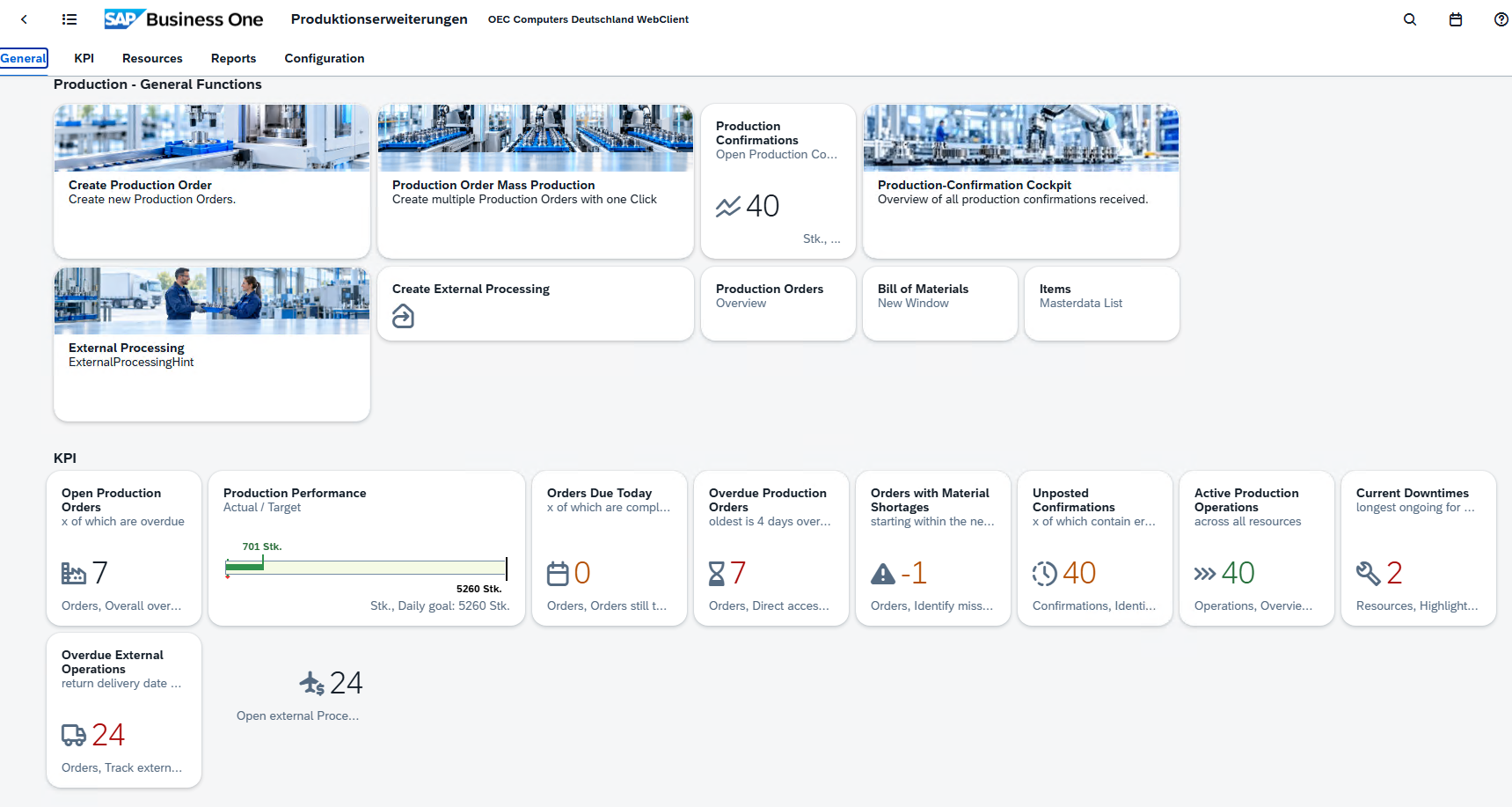 Inceptum Manufacturing Suite im SAP Business One Web Client mit Produktionsaufträgen, Rückmeldungen und Kennzahlen